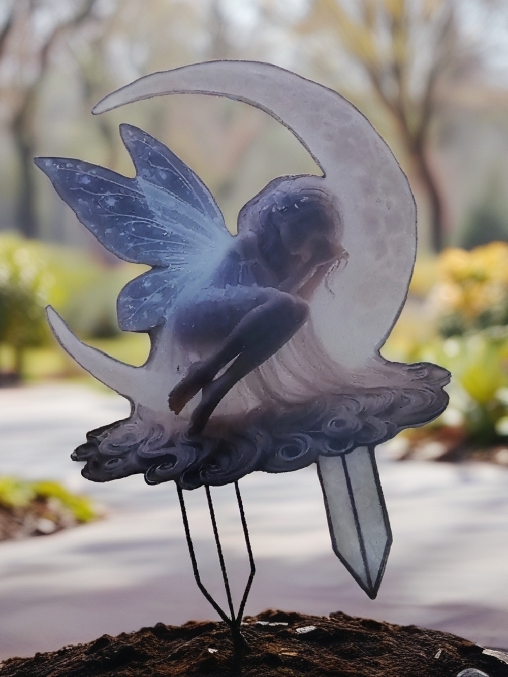 Fairy on Crescent Moon Garden Stake - Frosted Blue